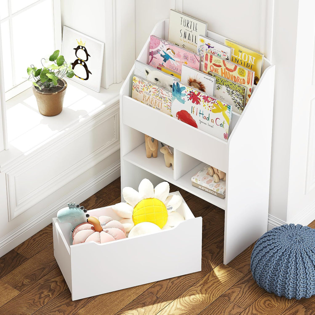 Kids Bookshelf with Movable Toy Box, Toddler Book Shelf and Toy Storage, Children Book Display Rack Toy Chest Combo