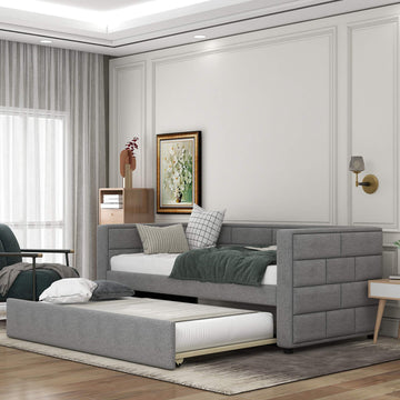 Twin Size Upholstered Daybed with Trundle, Upholstered Daybed with Padded Back and Sides, Grey