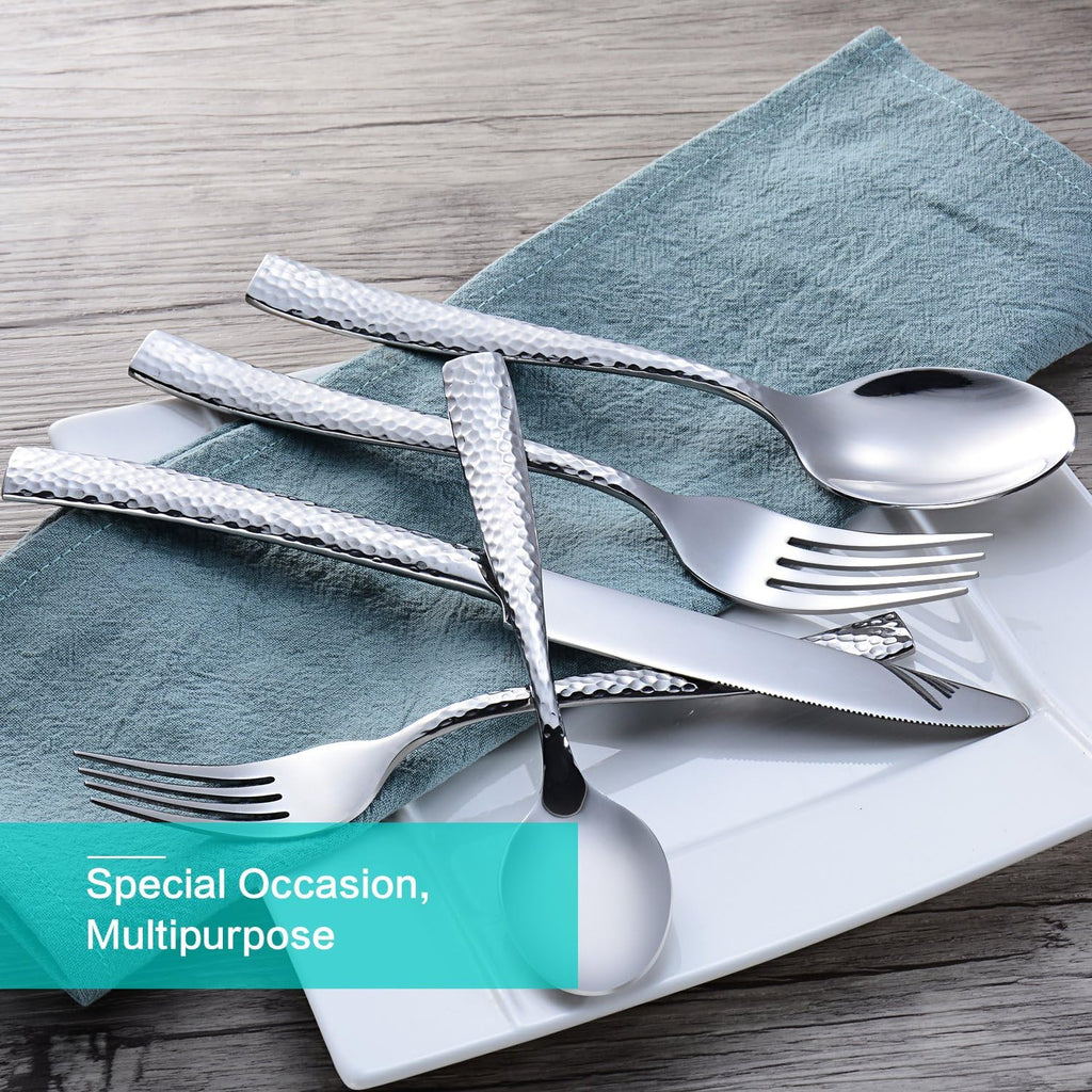 Flatware Silverware Set Hammered Mirror Polished Stainless Steel 20-Piece Set