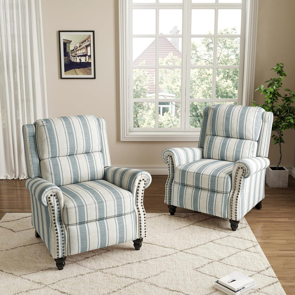 Wingback Pushback Recliner Chairs Set of 2, Blue Stripe | Comfy Fabric Armchair with Adjustable Back & Footrest
