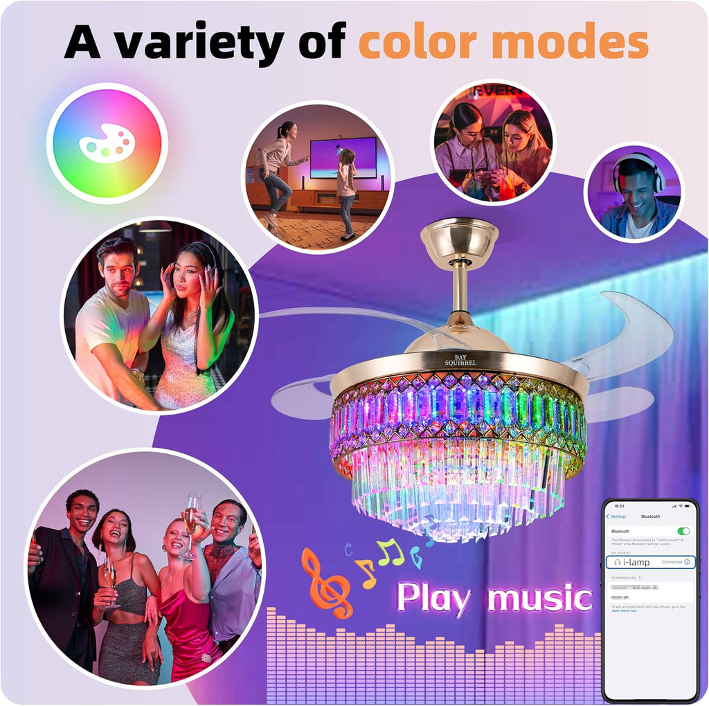 Retractable Crystal Ceiling Fan with Lights and Remote/APP Control, Bluetooth Ceiling Fan with Speaker, 6-Speed