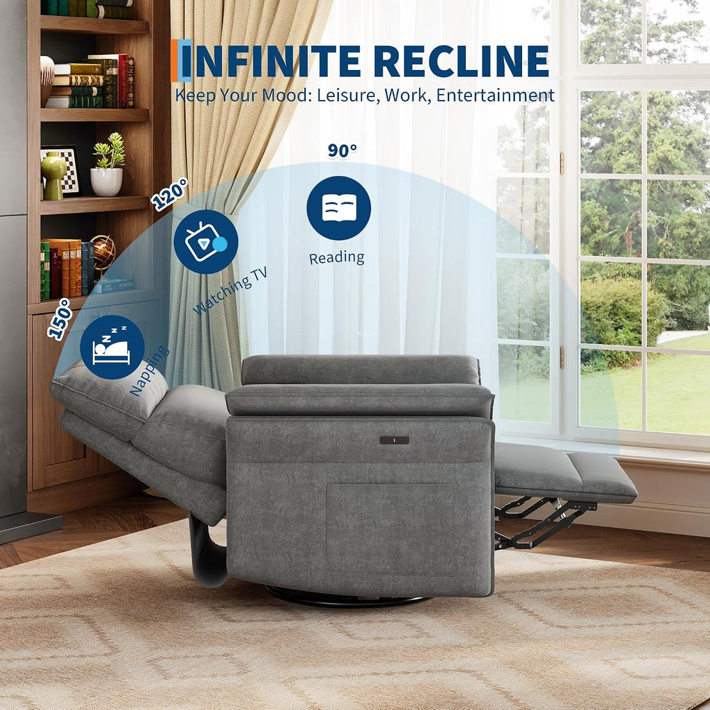 Power Recliner Glider Chair with Smooth Swivel and Rocking Motion Adjustable Recline USB Charging Port Premium