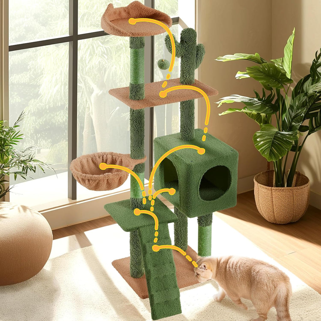 Cactus Cat Tree | 59.5in Cat Tower w/Cute Perch, Cozy Condo