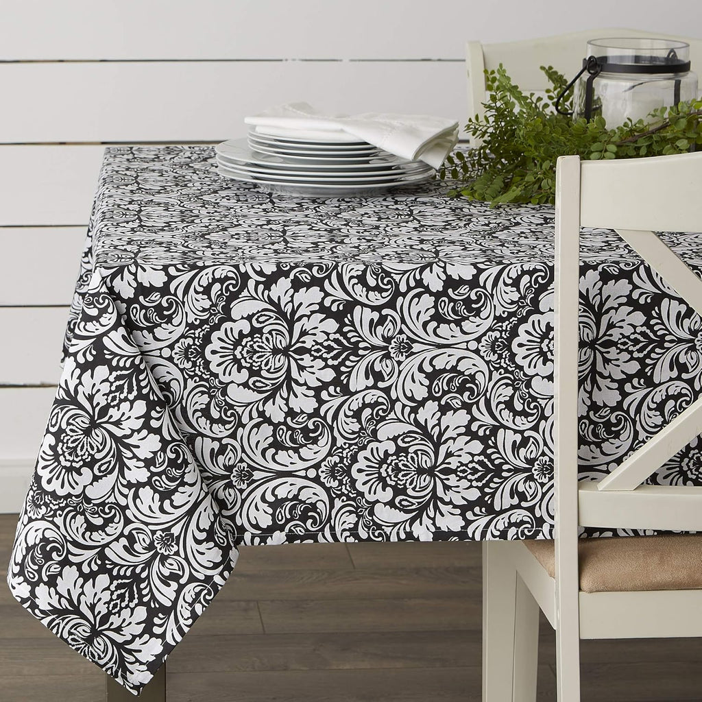 Damask Cotton Tablecloth, 70" Round, Black