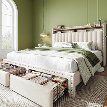 Queen Bed Frame, Upholstered Queen Bed Frame with 2 Storage Drawers and 2-Tier Headboard