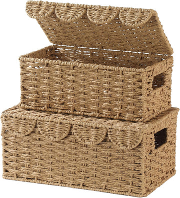 Set of 2 Scalloped Wicker Baskets with Lid,Paper Rope Decorative Storage Baskets for Shelves, Display Shelf, Handmade