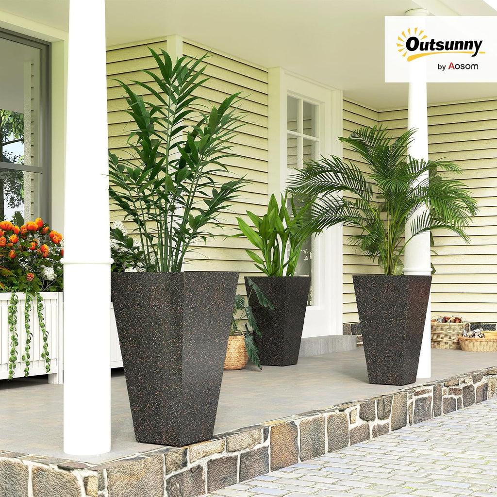 28 Inch Tall Planters for Outdoor Plants Set of 3, Brown | Marble Finish, Drainage Holes, Stackable Tapered Design