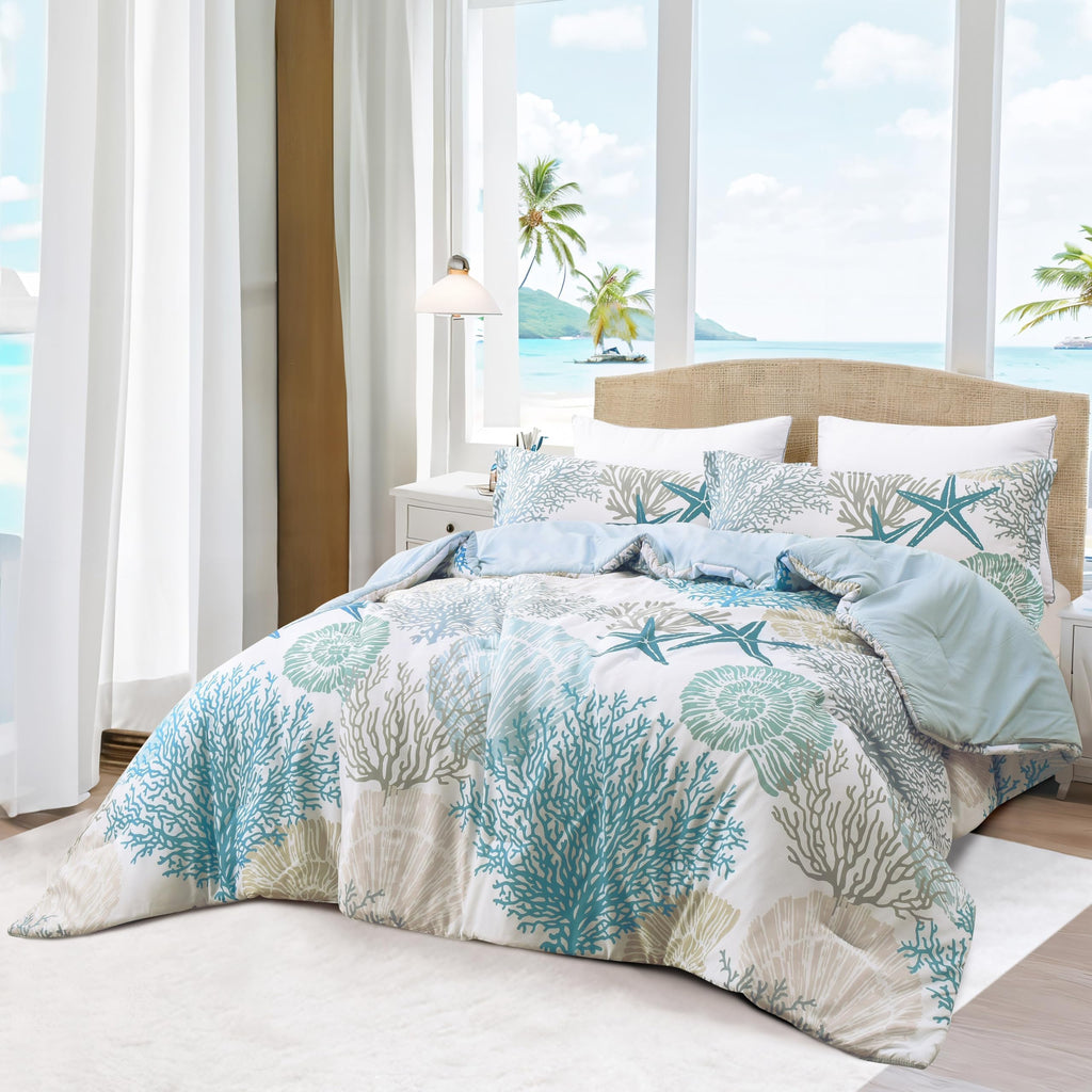 Coastal Comforter Set Queen Size 3 Piece, Soft Beach Themed Comforter, Ocean Nautical Lightweight Bedding Sets for