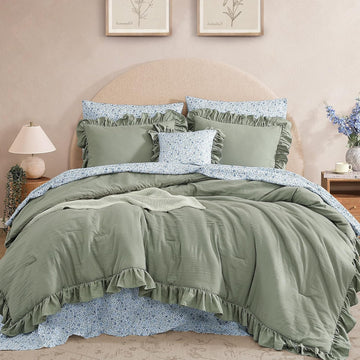 Comforter Set - 7 Pieces Ruffle Sage Green Bedding Sets