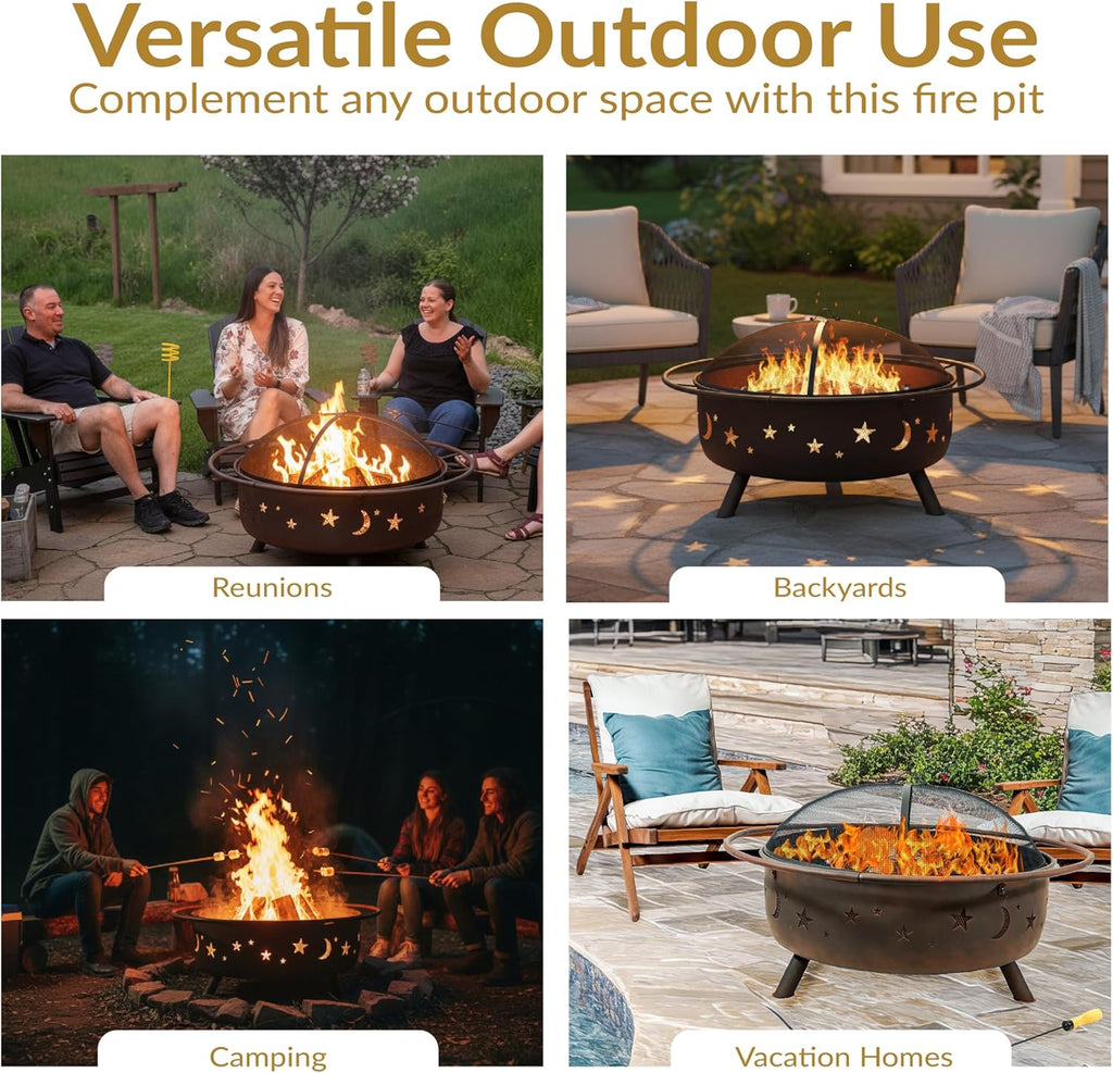Cosmic 42-Inch Large Outdoor Fire Pit - Heavy-Duty Round Wood-Burning Steel Firepit