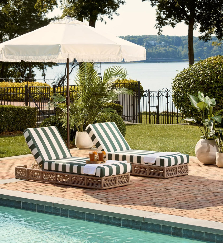 Outdoor Chaise Lounge Chair - Heather Tan & Hunter Green Stripe - Steel and Woven Rope - Adjustable