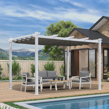 10' x 13' Outdoor Retractable Pergola Heavy-Duty Aluminum White Pergola with Sun Shade Canopy Patio Modern Shelter for Garden Yard Deck Grape Trellis, Grey