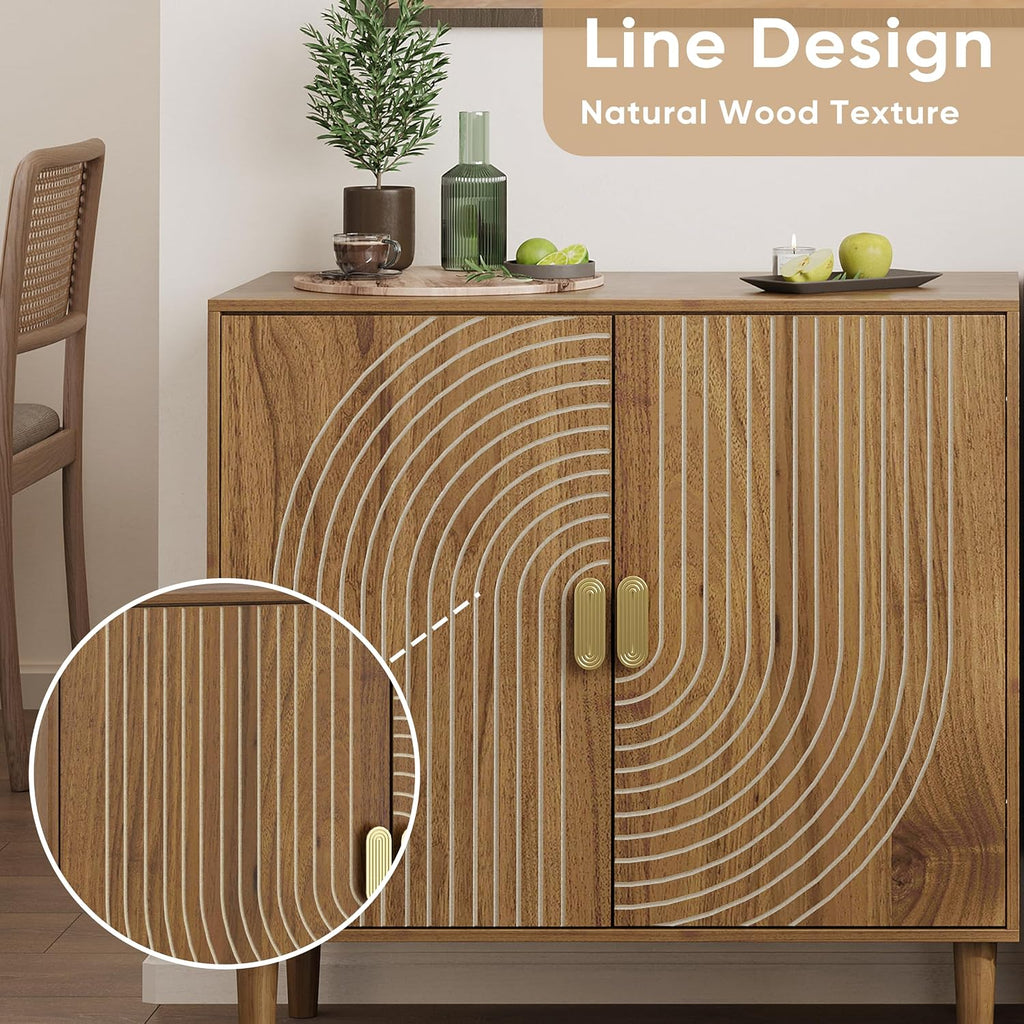 Walnut Sideboard Cabinet, Freestanding Buffet Cabinet with Line Groove Design, Wood Storage Cabinet with Adjustable