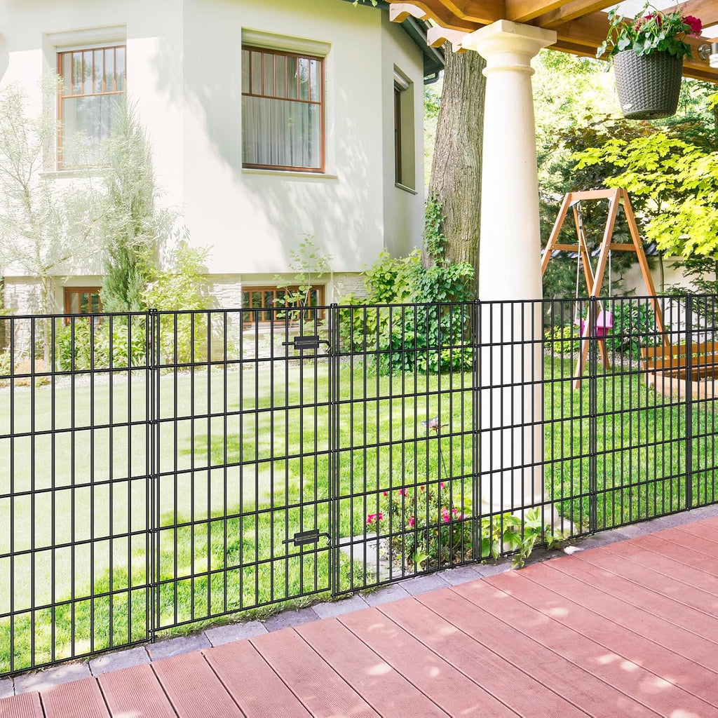 Metal Garden Fence with Gate 40in (H) x 23.3ft (L), 1 Gate + 9 Panels Dog Fence Border Fence Animal Barrier, No Dig