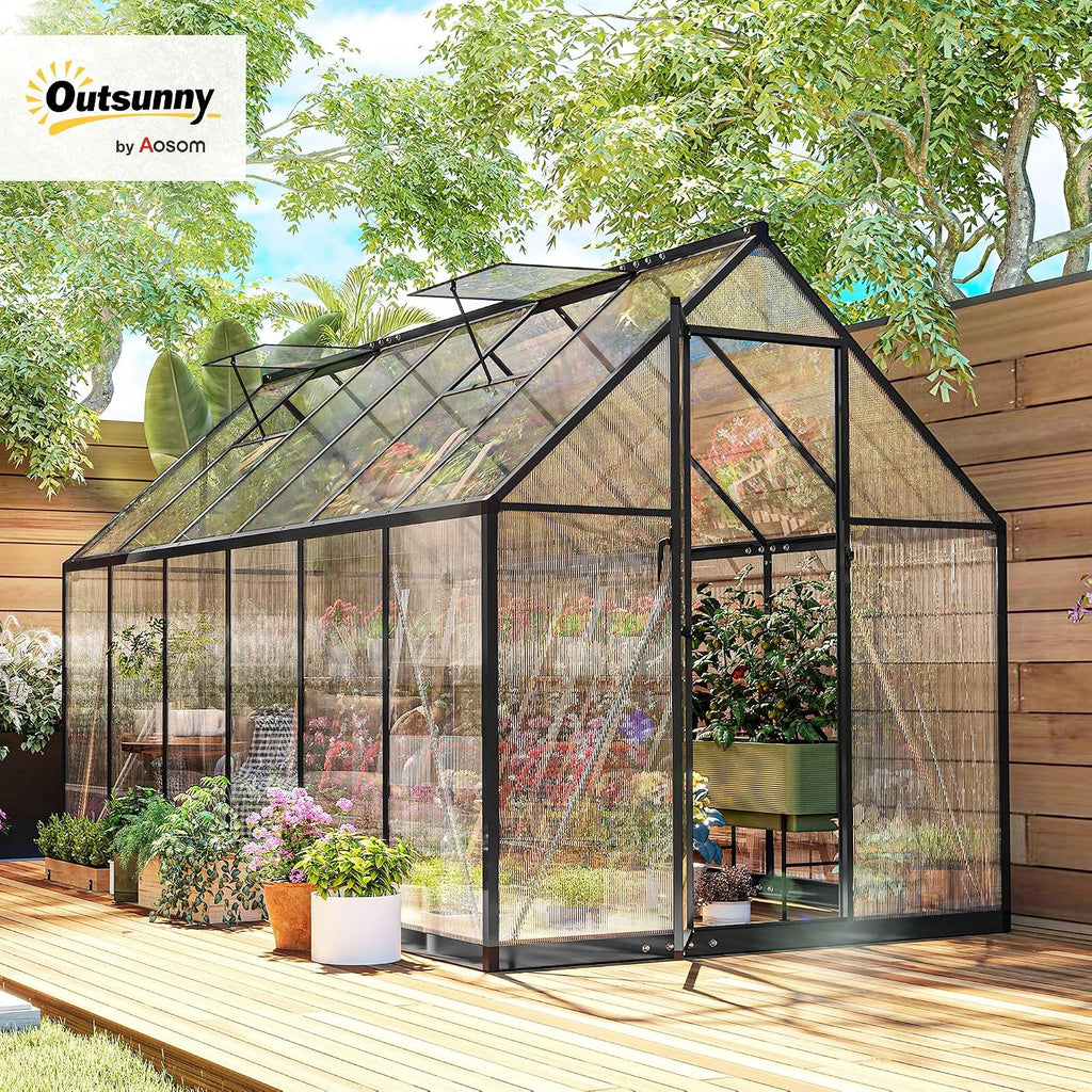 11x6 ft Polycarbonate Greenhouse with Swing Door, Black | Two Adjustable Roof Vents, Aluminum Walk-in Hothouse