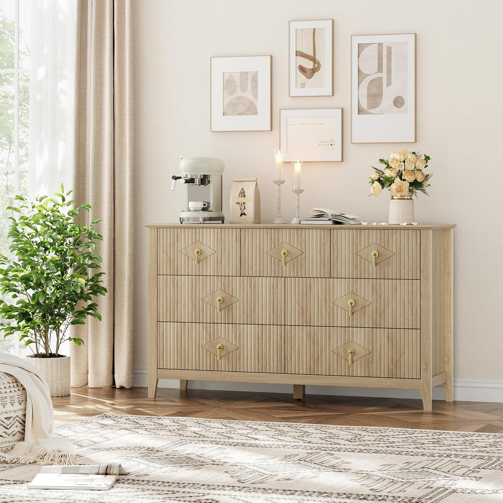 Fluted Dresser , 54 Inch Wide 7-Drawer Wood Dresser, Modern Chest of Drawers, Storage Organizer Cabinet , Natural