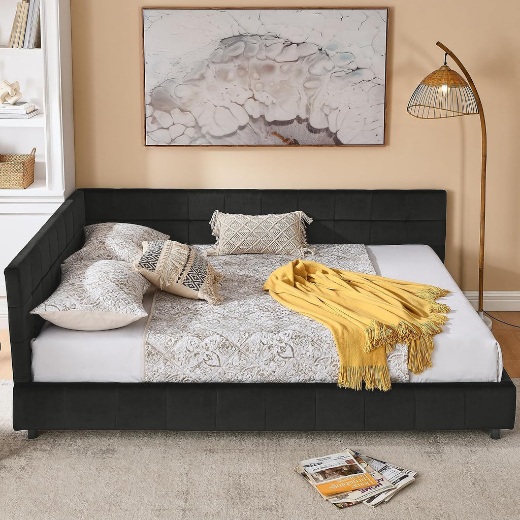 Queen Corner Bed Frame with Comfortable Backrest and Armrests, Velvet Tufted Corner Bed Frame Queen, Upholstered