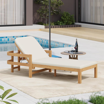 Acacia Wood Chaise Lounge with Adjustable Backrest, 77.5" Outdoor Sun Lounger with Cushion, Modern Patio