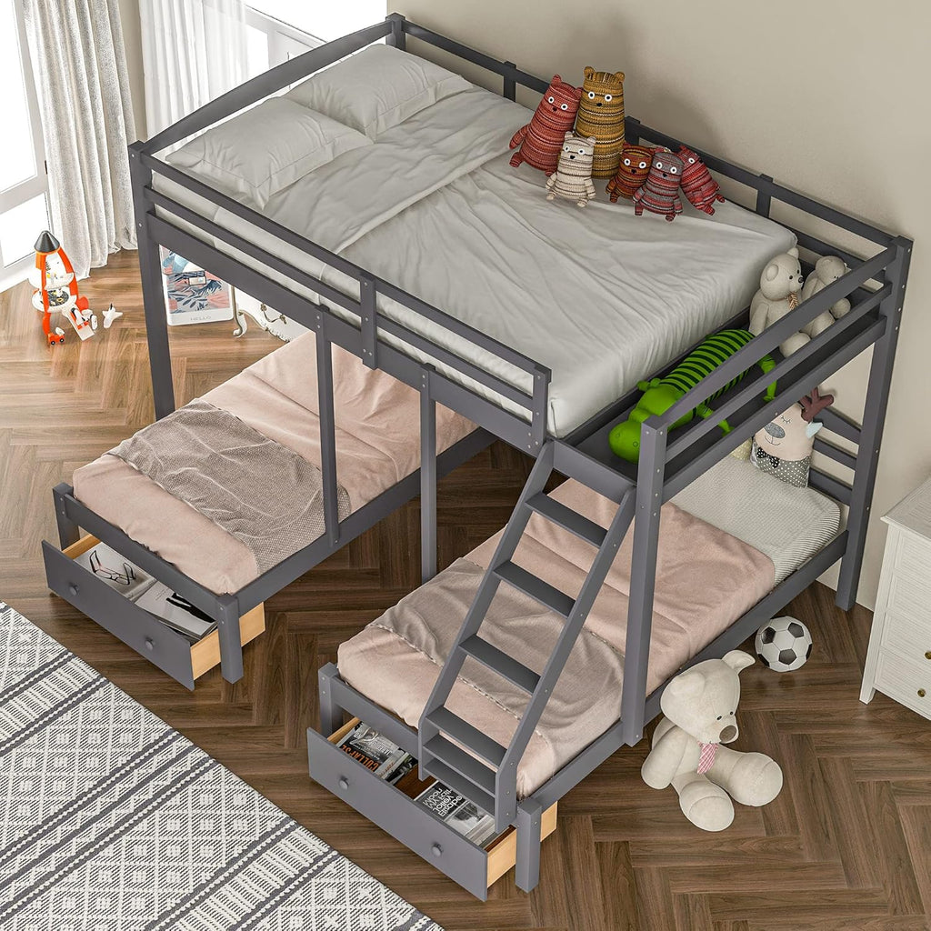 Full Over Twin Bunk Bed Frame,Triple Bunk Bed with Drawers, Gray