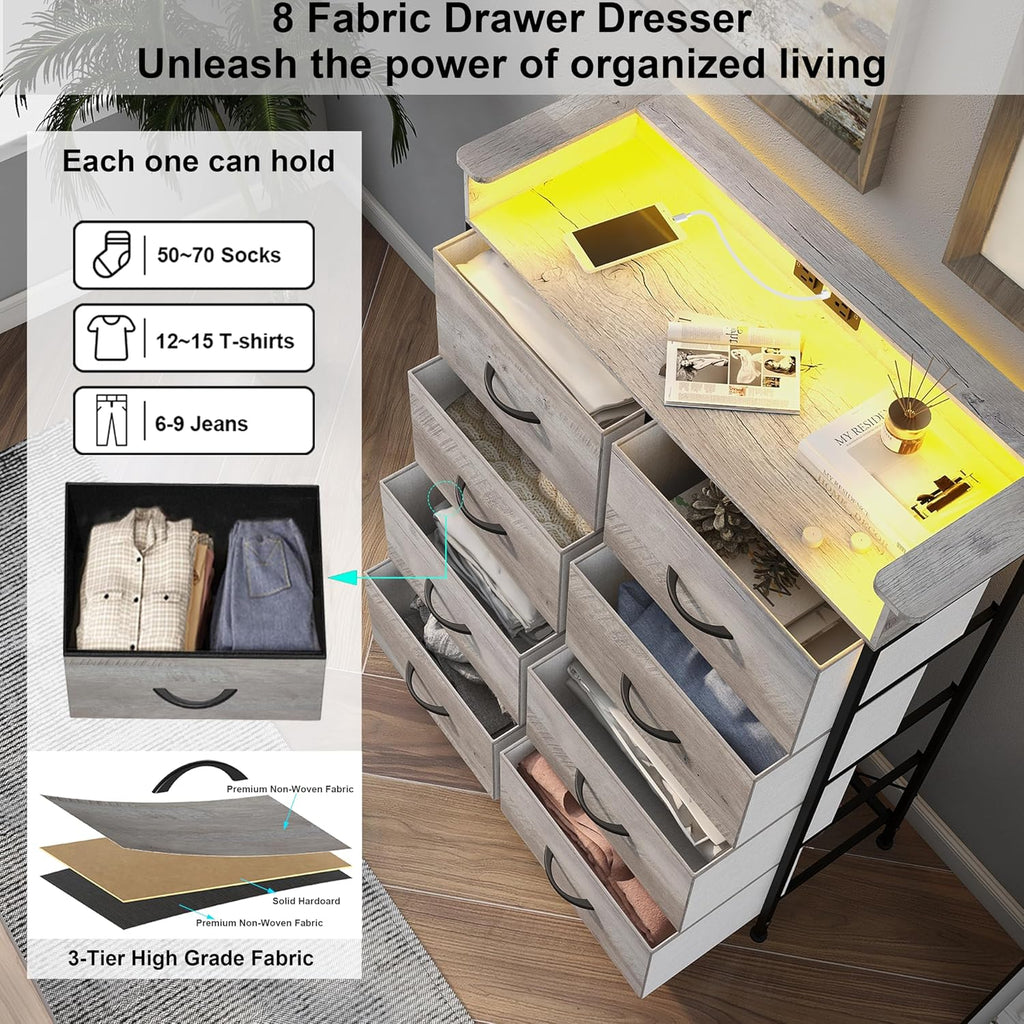 Dresser with Charing Station Grey Dresser with LED Lights Tall Dressers with 8 Drawers Storage Tower for Closet