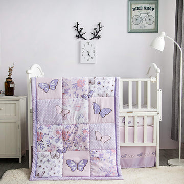3-Piece Purple Butterfly Baby Crib Bedding Set for Girls, Lilac Standard Size Crib Set for Baby Girl, Comforter