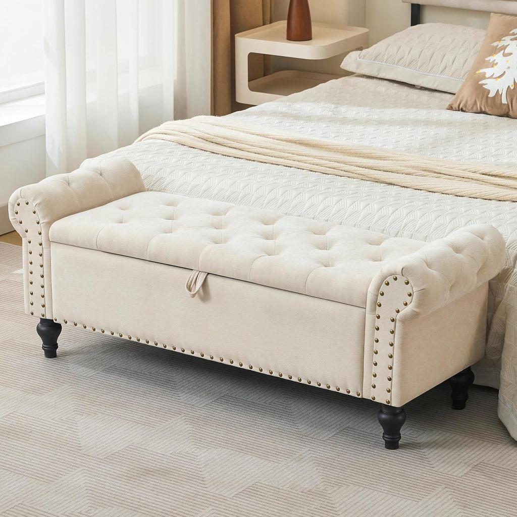 51" Storage Bench , Upholstered Ottoman Bench, Chenille Beige | End of Bed Bench , Window Benches , Ottoman with