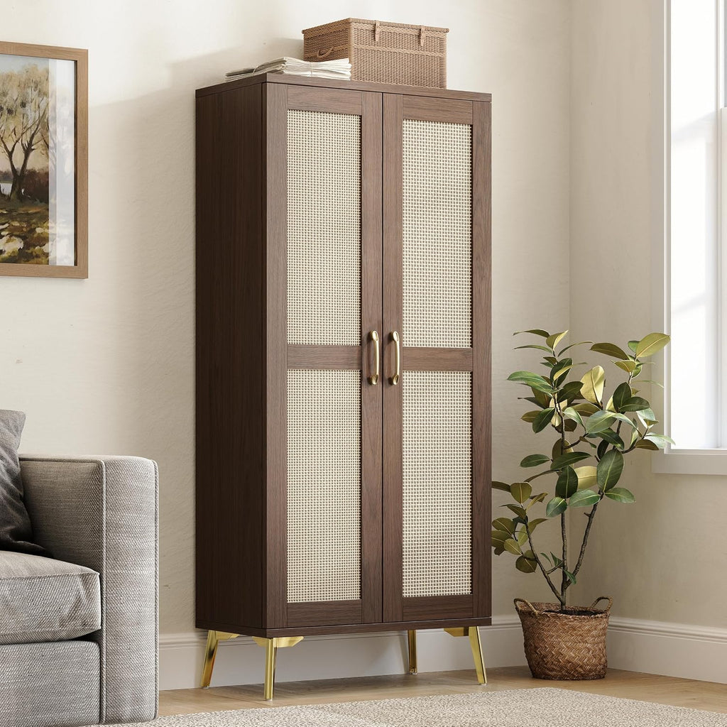 Tall Bathroom Storage Cabinet 57" Rattan Pantry Cabinet, Walnut | With Doors and Adjustable Shelves, Freestanding