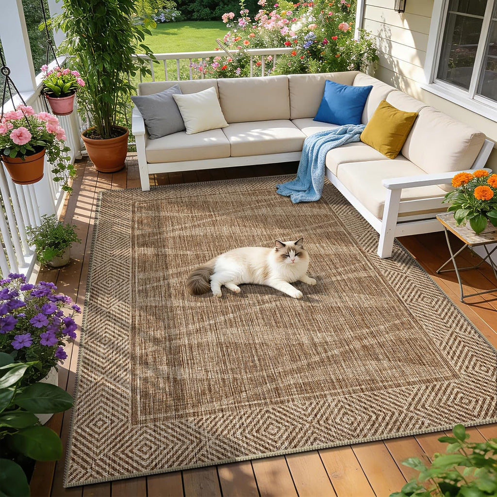 Jute Rug 5x7 Outdoor Patio Rug with Border, Washable Rugs for Living Room, Farmhouse Non Slip Area R
