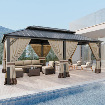 12' x 20' Hardtop Outdoor Metal Gazebo with Galvanized Steel Double Roof Canopy, Netting and Curtain
