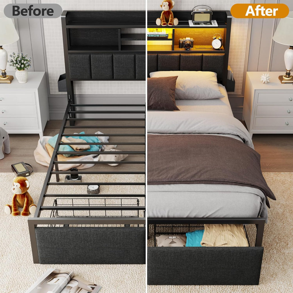 Queen Bed Frame with Storage Drawers, Upholstered Headboard with LED Light & Charging Station