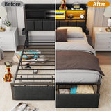 Queen Bed Frame with Storage Drawers, Upholstered Headboard with LED Light & Charging Station
