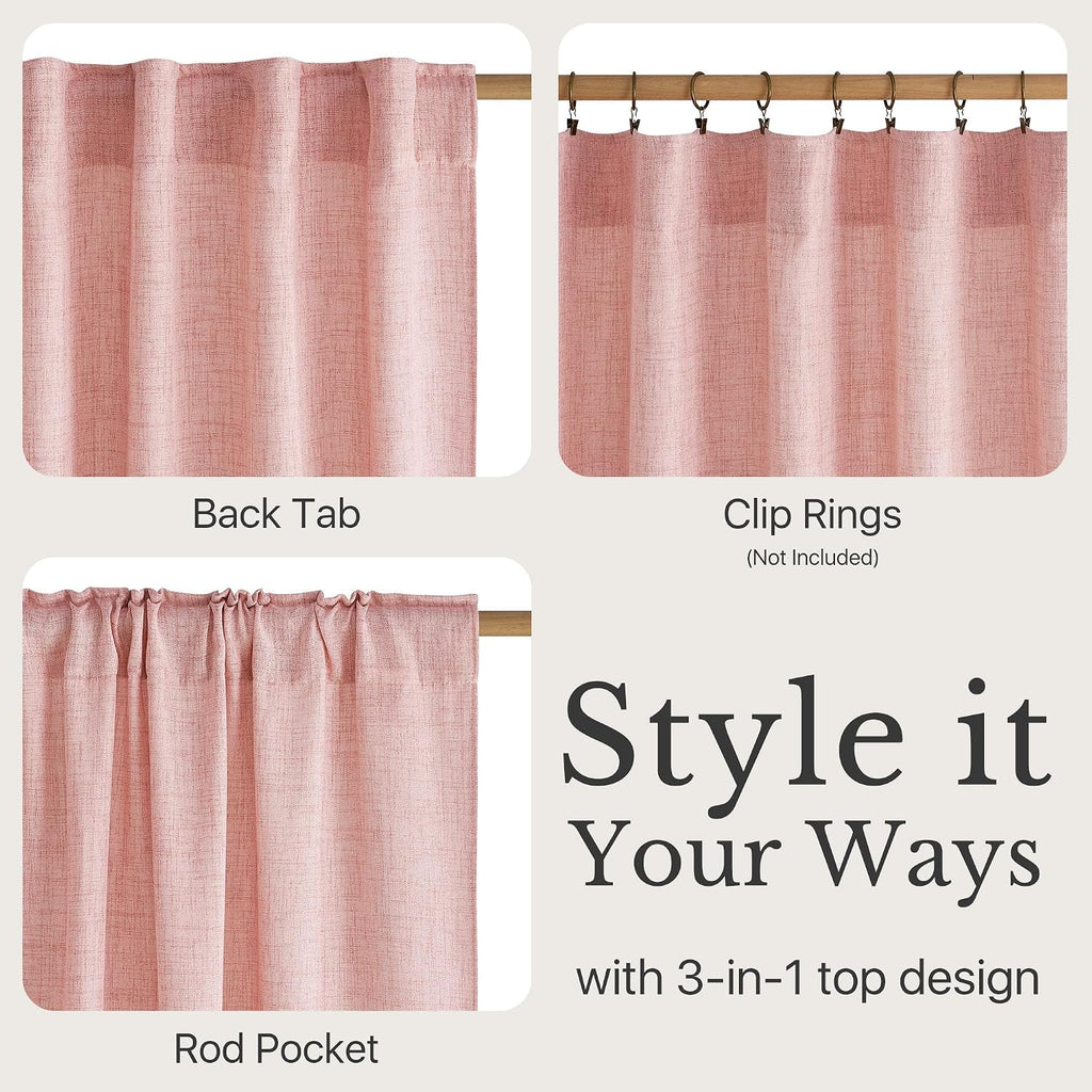 Faux Linen Semi Sheer Curtains 72 inches Long, Rod Pocket & Back Tab Faux Linen Window Treatments Light Filtering