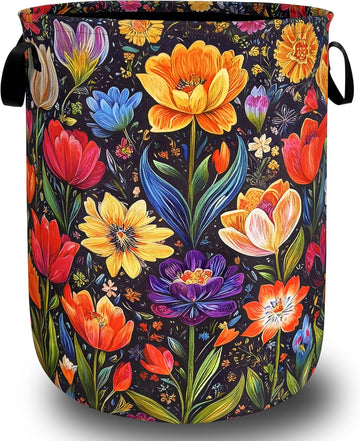 Bright Colorful Flowers Laundry Hamper Oxford Cloth Beautiful Floral Laundry Basket With Handle Portable Clothes