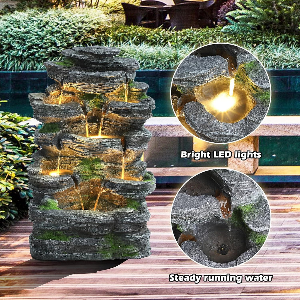 Outdoor 7-Tiers Cascading Rock Water Fountain, Waterfall Fountain with 6 LED Lights, Outdoor Fountains and Waterfalls