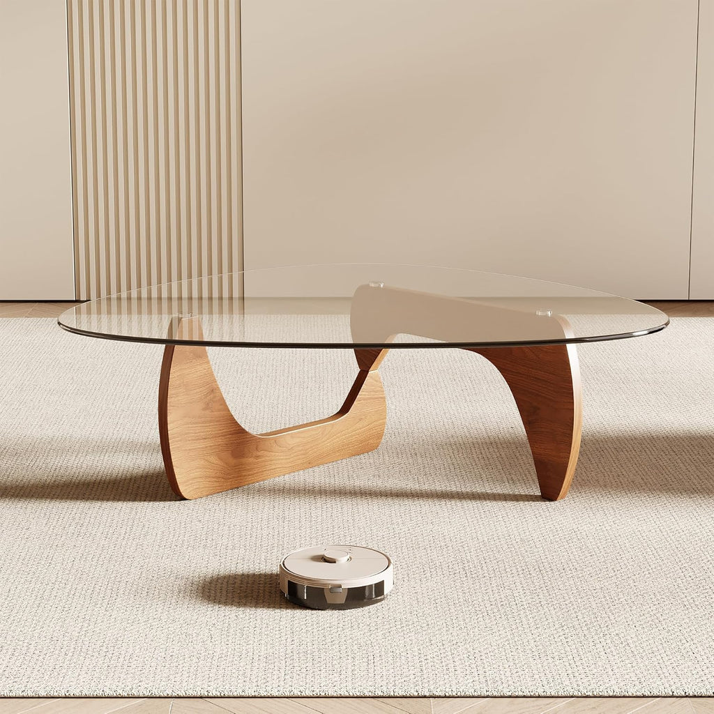 Morden Coffee Table, 42.5" x 28.5" x 16.1" Triangle Tempered Glass Top, Color: Natural Wood