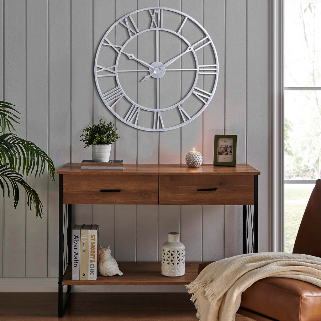 Large 30 Inch Wall Clock Decor, Silver Roman Numeral