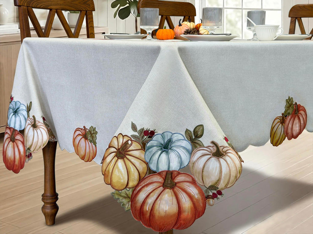 Fall Tablecloth 60x84 Inch, Autumn Pumpkin Cutwork Embroidered Tablecloth, Harvest Thanksgiving Table Decor Dining