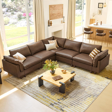 118" Leather Super Large Sectional Couches, Modular Sofa, Premium Genuine Leather Sofa, Down Filled, High Density