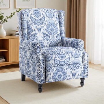 Wingback Recliner Chair with Adjustable Push Back, Navy | Pushback Recliner Chair with Footrest & Padded Seat, Solid