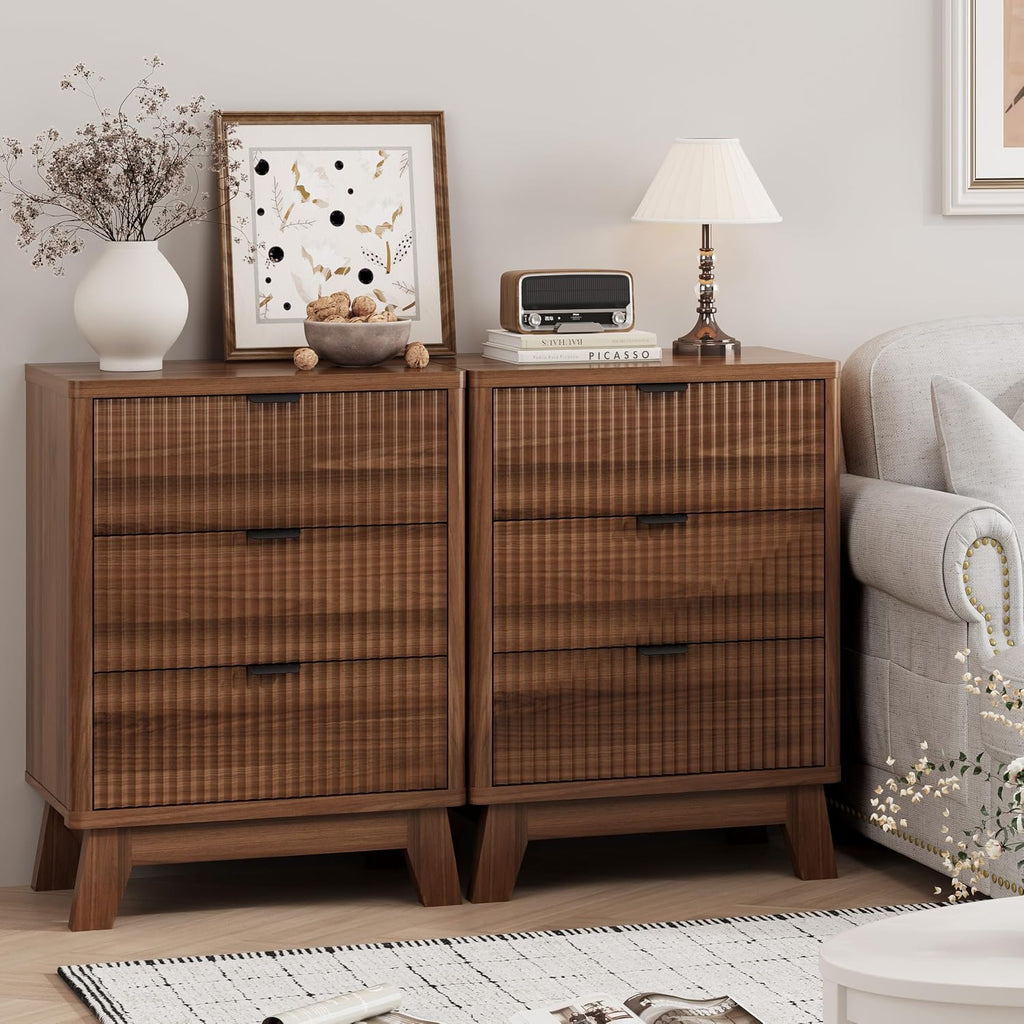 Fluted Nightstand with 3 Storage Drawers, 24" Wide Wood Bedside Table with Mental Handle, Mid Century Modern Wooden