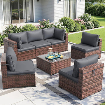 7-Piece Rattan Outdoor Patio Furniture Set | Grey for Backyard, Garden & Porch
