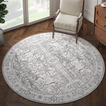 6ft Washable Indoor Round Area Rug, Vintage Floral Non-Slip, Grey