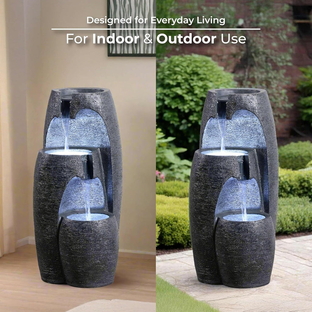 3-Tier Cascading Urn Outdoor Water Fountain - Cool Glow Lighting with Adjustable Flow & Electric Pump, Black