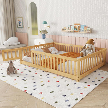 Full Size Montessori Floor Bed with Slats, Door and Guardrails, Natural | Low Profile Montessori Bed with Fence, Easy