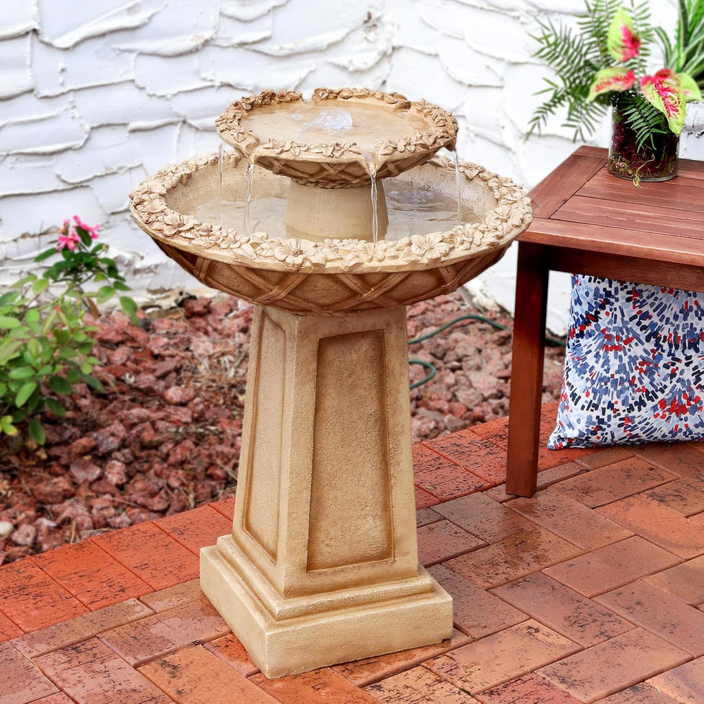Beveled Flower 28-Inch 2-Tier Outdoor Water Fountain - Backyard Water Feature & Bird Bath or Deck