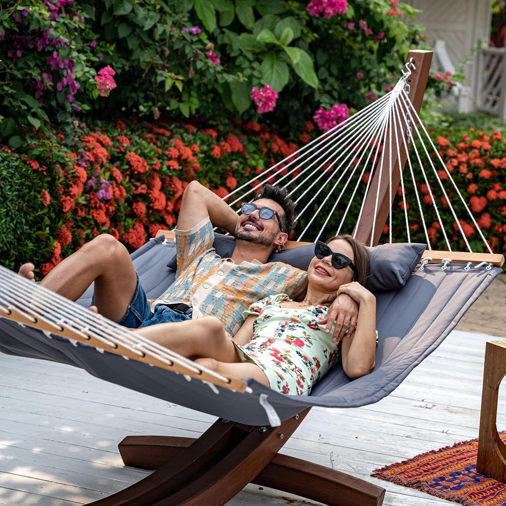 Daze Double Hammock with Pillow & Tree Straps for Outside, Grey | 2 Person Quilted Hammock with Hardwood Spreader