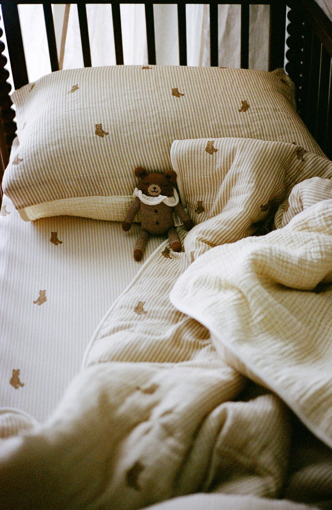 Bear Crib Bedding Set, 5-Layer Organic Cotton Muslin Crib Quilt & Sham, Teddy Bear Nursery, Toddler Comforter 45x60