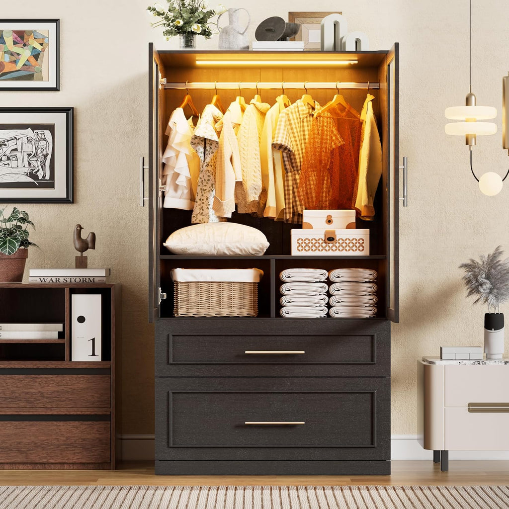 Armoire Wardrobe Closet with Glass Door and Drawers, Bedroom Closet Wardrobe Cabinet with Hanging Rod, Lighted
