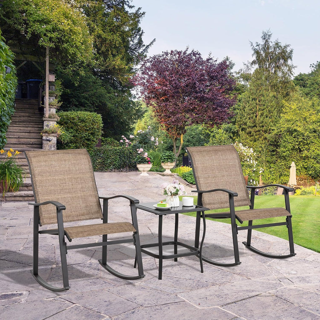 Rocking Chair Outdoor with Table, 3 Piece Rocking Patio Bistro Set, Outdoor Furniture Set with Metal Frame and