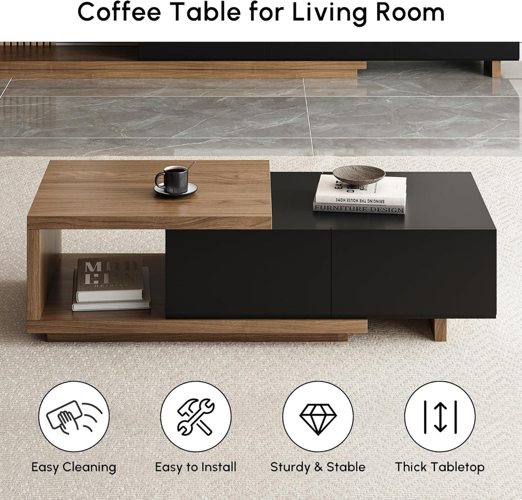 Extendable Coffee Table, 47"-69" Expandable Walnut Coffee Table with 2 Drawers